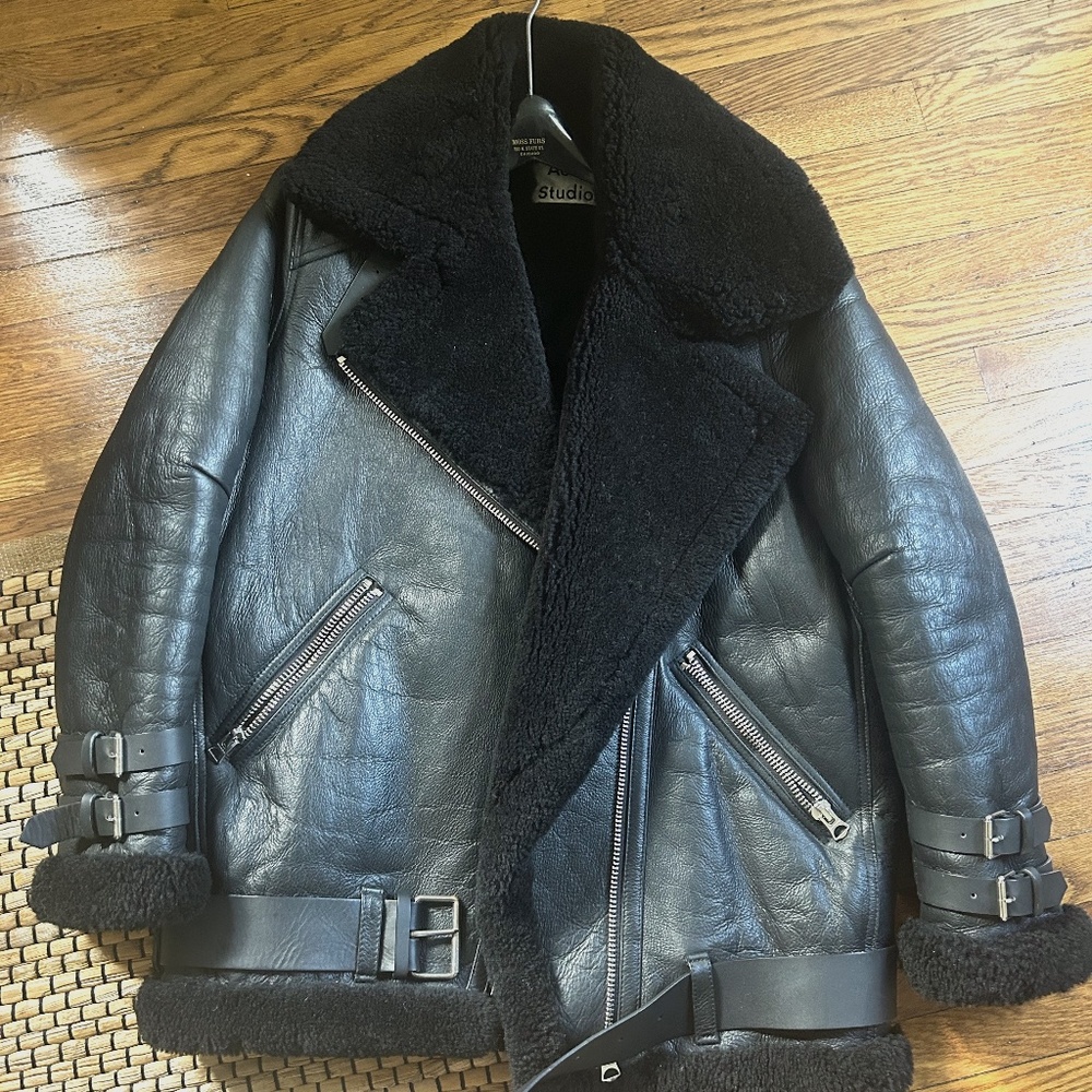Acne Velocite Black Leather Shearling Moto Jacket EU36